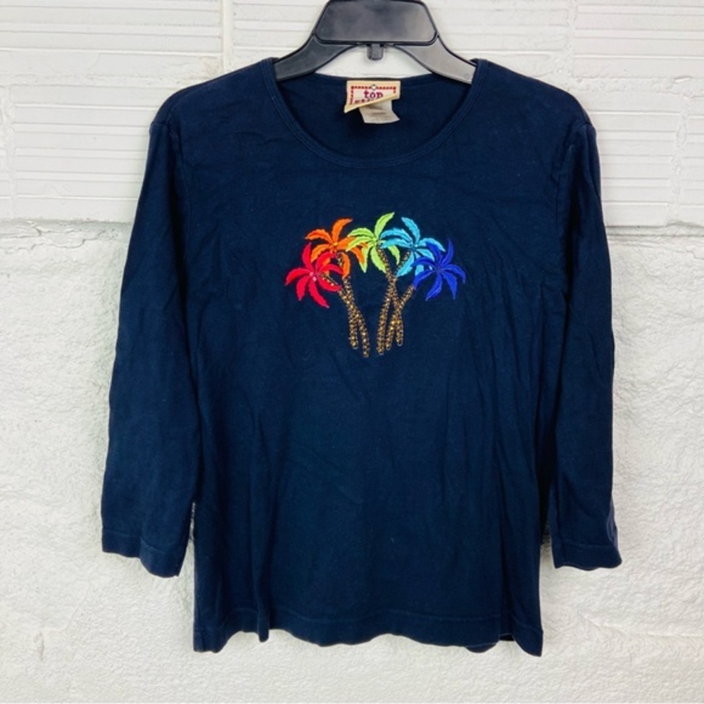 Top stitch Colorful Palm Tree Embroidered Navy cotton Top size large